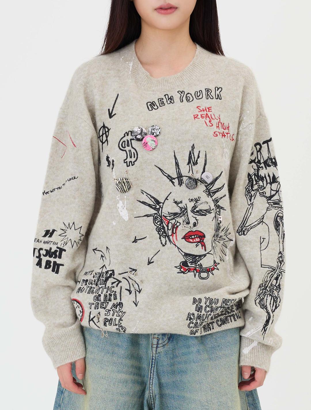 R13 엠브로이더드 보이프렌드 스웨터 오트밀 - empty