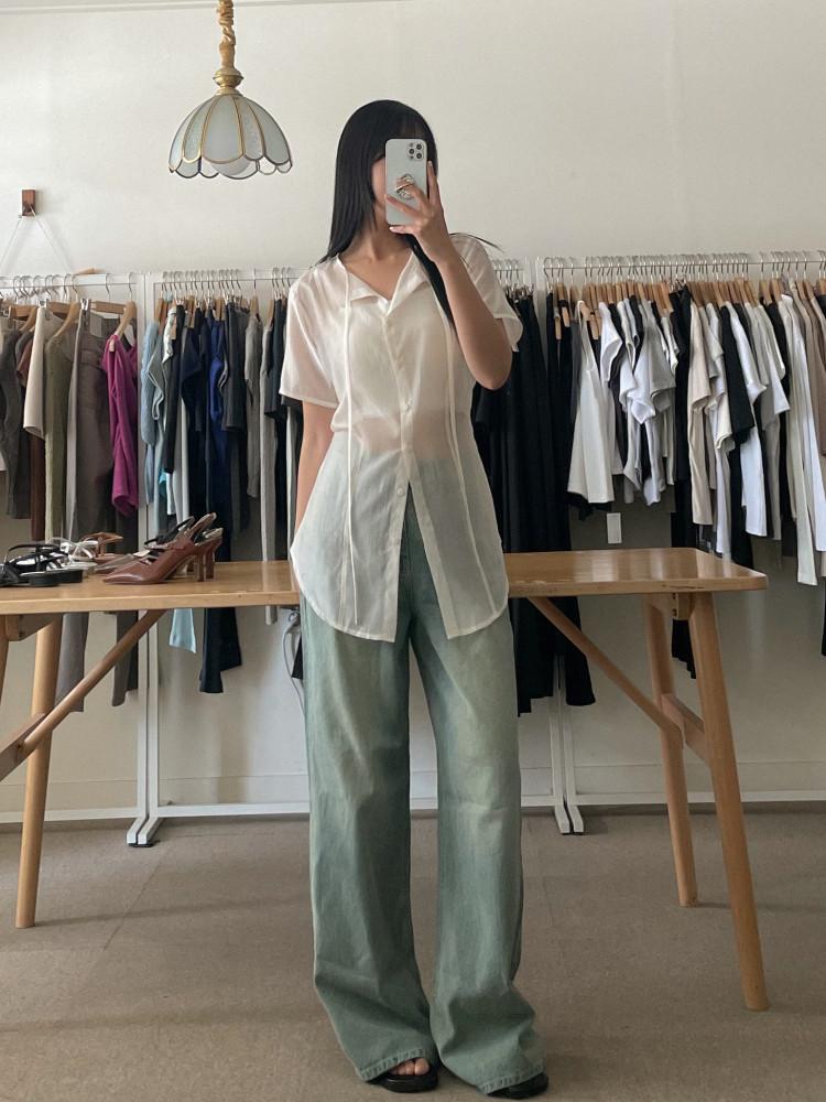 딥크 뷔스티에 세트 시스루 쉬폰 레이어드 블라우스 (4color)