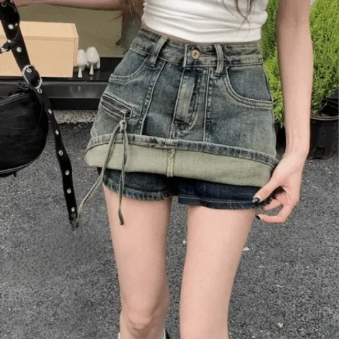 [치마바지/유니크] <당일출고> 퍼밋 Y2K 데님 미니 치마바지