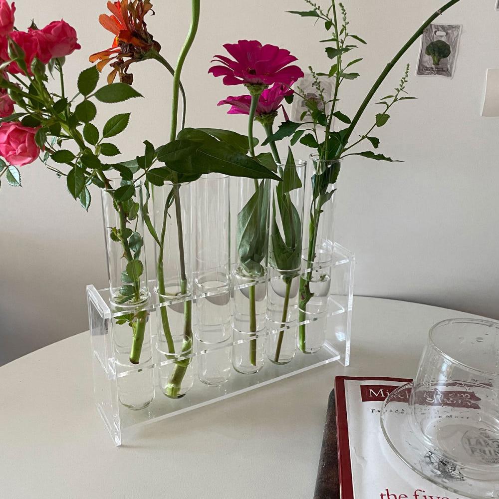 머물:홈 실린더화병세트 실린더6개+거치대set 유리 꽃병 투명 아크릴 꽃꽂이