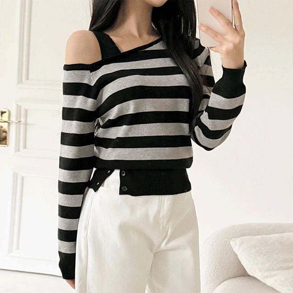 [허리잘록핏💕] 밑단 버튼 언발 오프숄더 니트