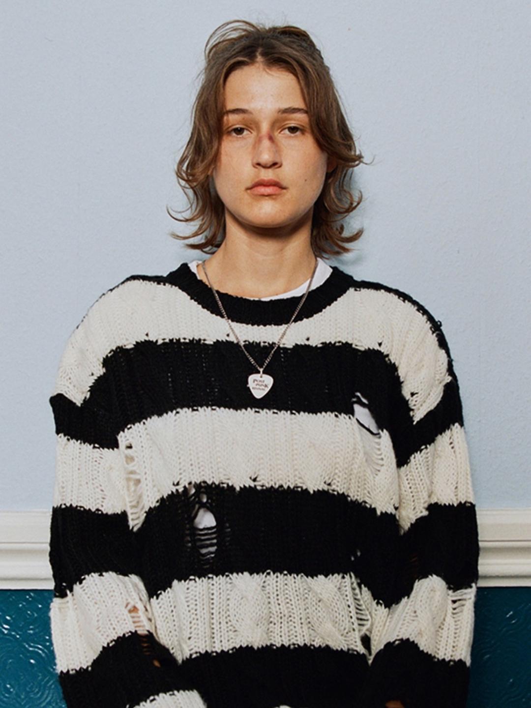 GRUNGE STRIPE KNIT SWEATER KA [BLACK]