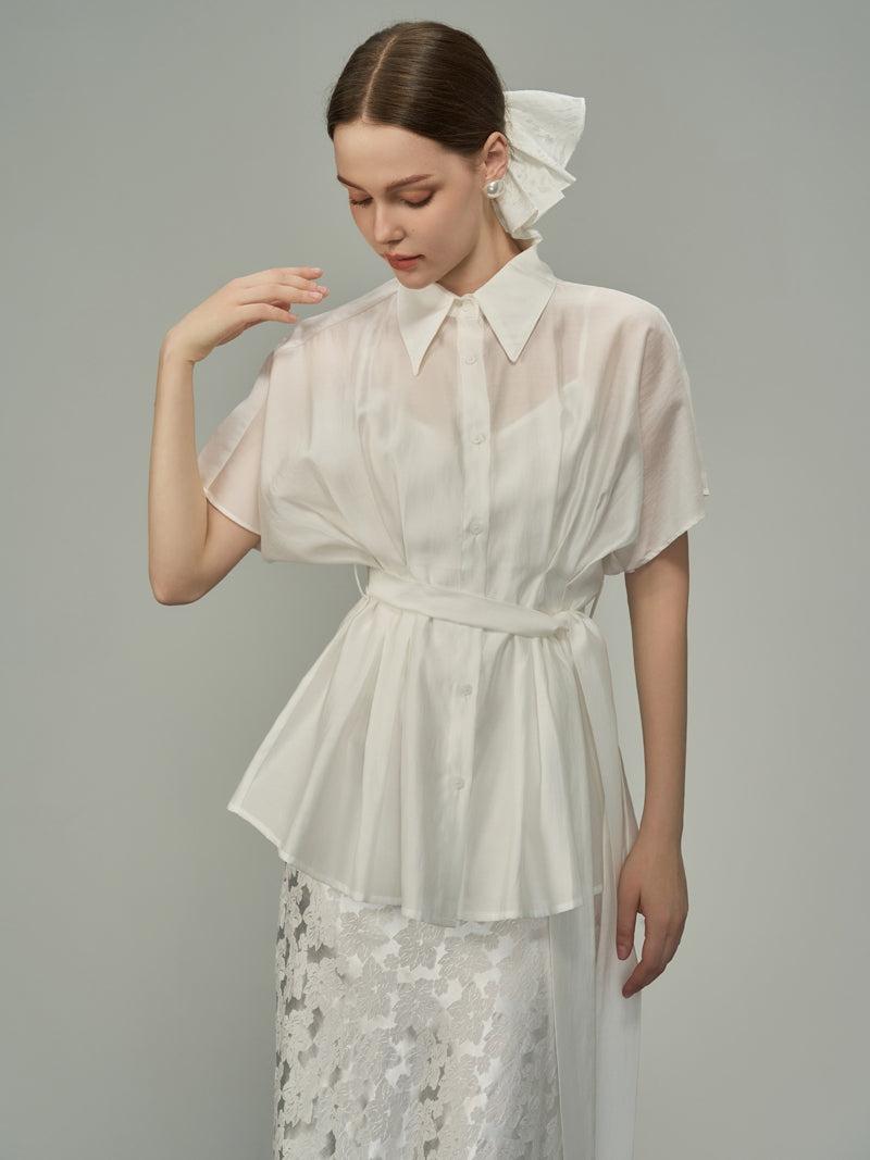 Waist-Mark Sheer French-Sleeve Blouse