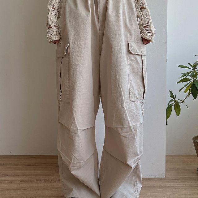 베이지 카고 와이드 팬츠