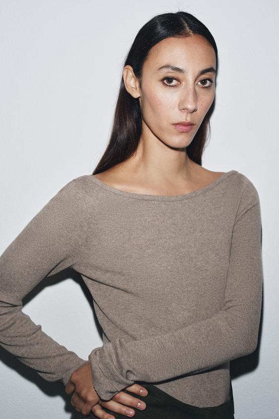 リブ編みボートネックTシャツ