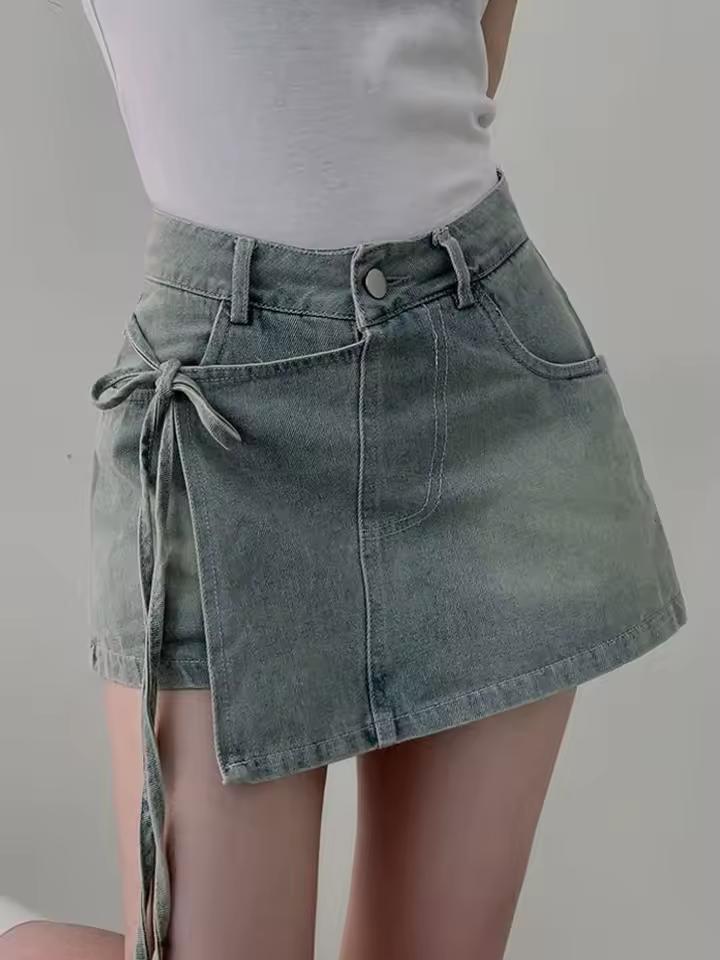 한국어 스타일 하이 웨스트 자르기 청바지 반바지 여성 여름 a 라인 비대칭 벨트 미니 스커트 바지 매운 소녀 작은 크기