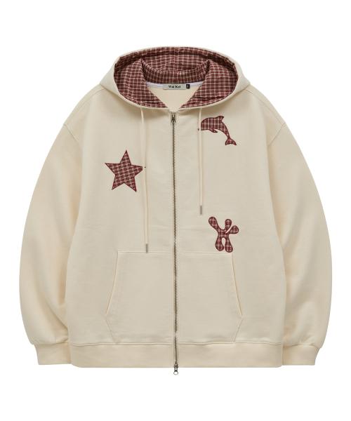스타 돌핀 체크 아플리케 후드 집업 아이보리