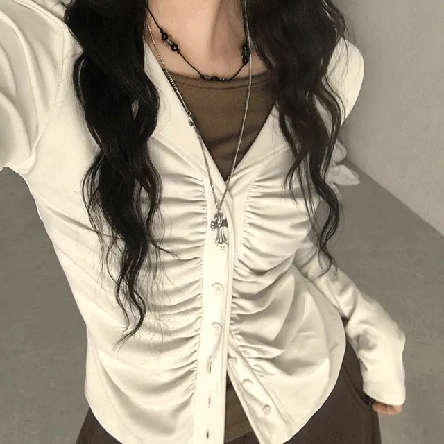 [간절기/일체형🖤] 말랑 앞셔링 빈티지 레이어드 브이넥 가디건 긴팔 티셔츠 3color