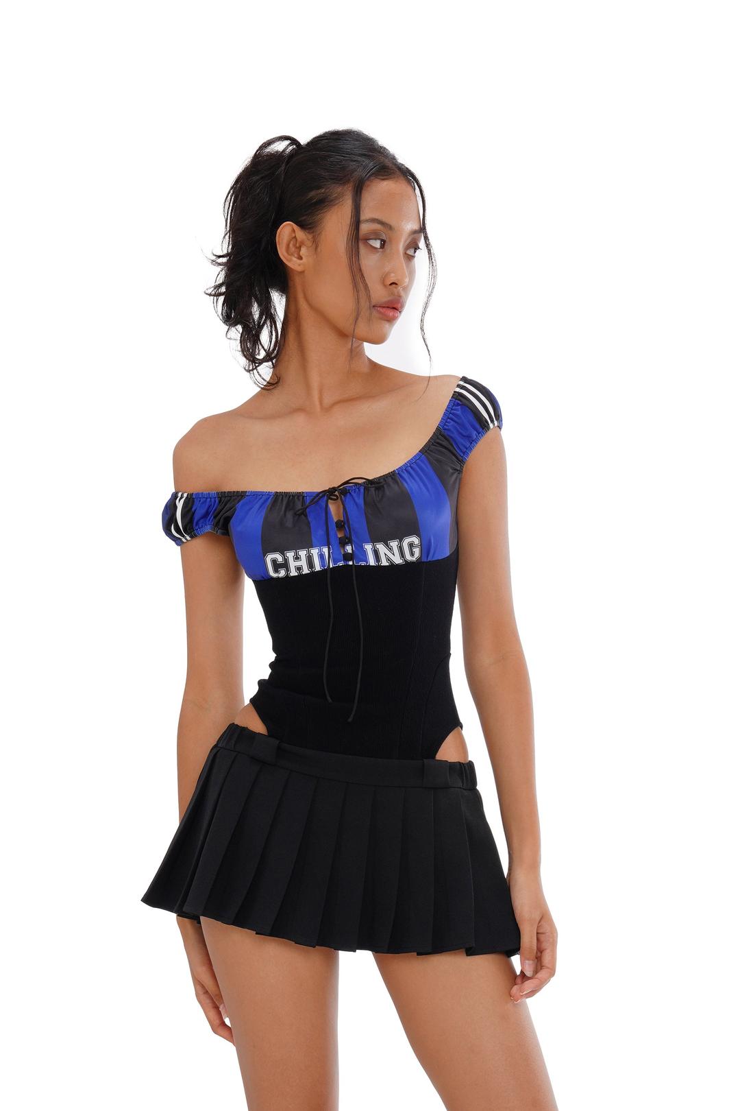 SIDE CUT OUT PLEATED MINI DRESS WITH PATCHWORK LACE-UP BUSTIER - Black / XS