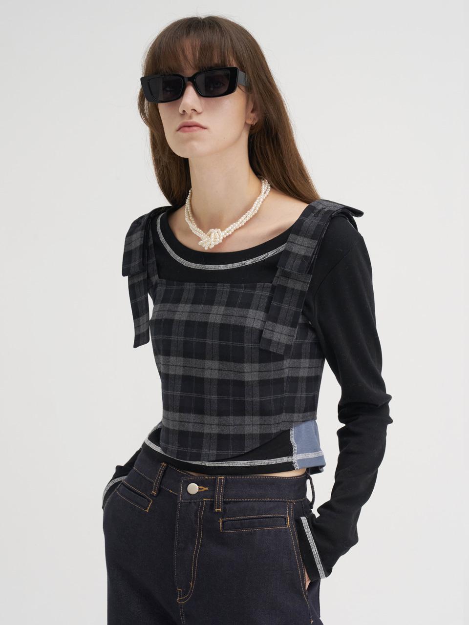 22 Winter_ Navy Check Bustier Top