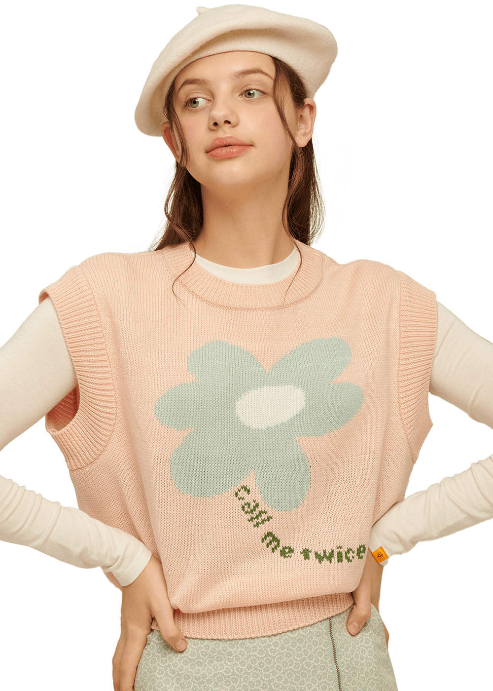 [러블리즈 케이, 이달의 소녀 최리 착용] Flower Crop Knit Vest [CHEERYBLOSSOM PINK]