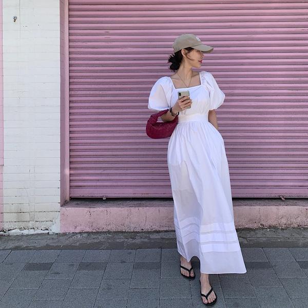 스퀘어넥 퍼프 셔링 롱 원피스