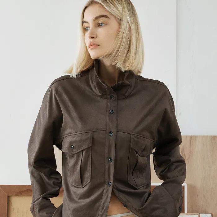 SUEDE HIGH-NECK SHIRT JACKET / MOCHA BROWN