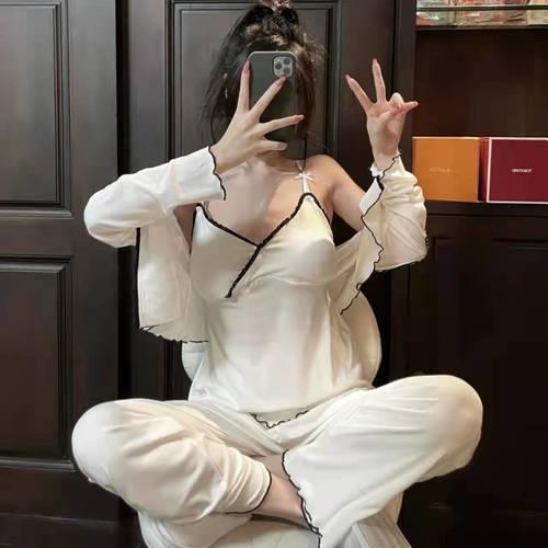 캡내장 3피스 브라캡 내장 끈나시 민소매 잠옷 세트 여자 우정 파자마