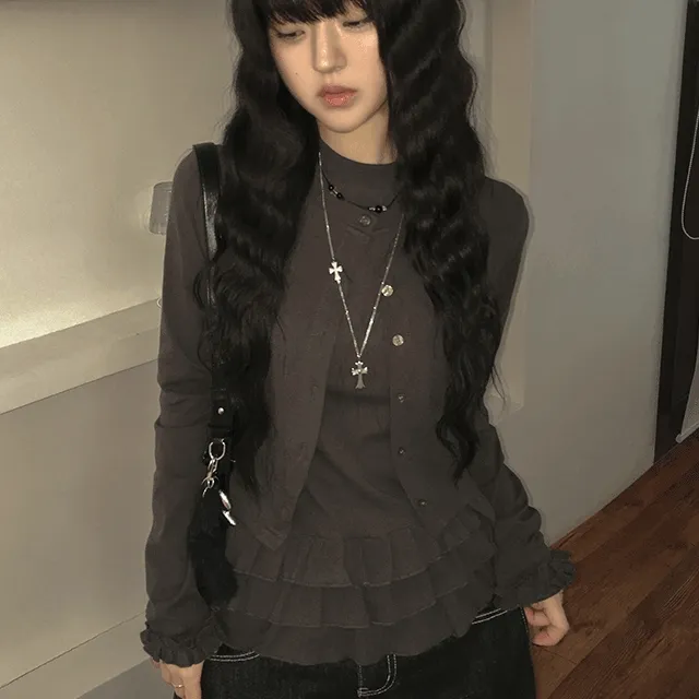 [반팔가디건세트🖤] 리본 프릴 캉캉 레이어드 셔링 발레코어 긴팔 가디건 반팔 티셔츠 2color