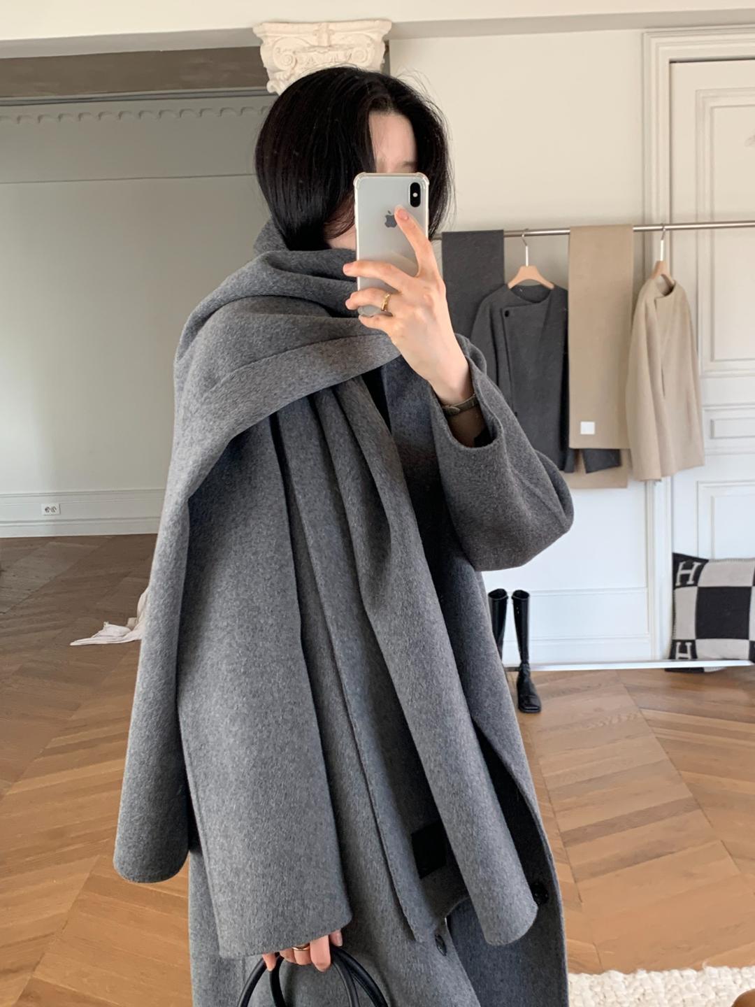 머플러 롱 핸드메이드 코트 (챠콜)