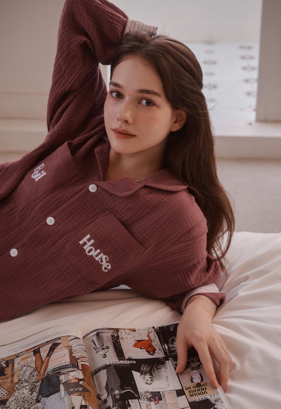Sunset Stripe Hem Pajama Set (burgundy)