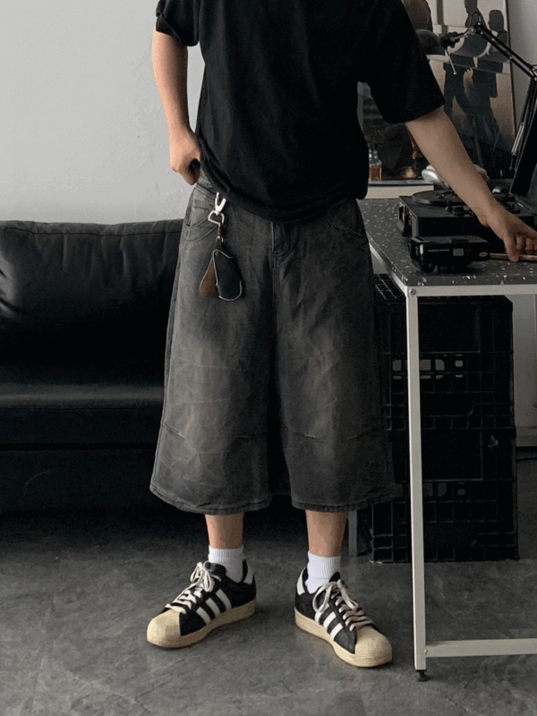 [인기] 다트 버뮤다 흑청 데님 팬츠