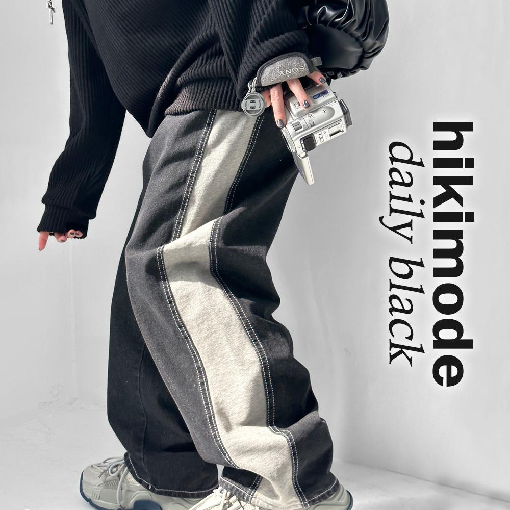 사이드 코튼 그레이 라인 캐주얼 일자핏 흑청 데님 세미 와이드팬츠