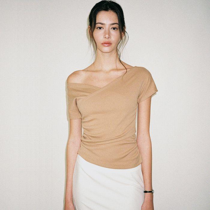 RONA SHIRRING T-SHIRT_BROWN