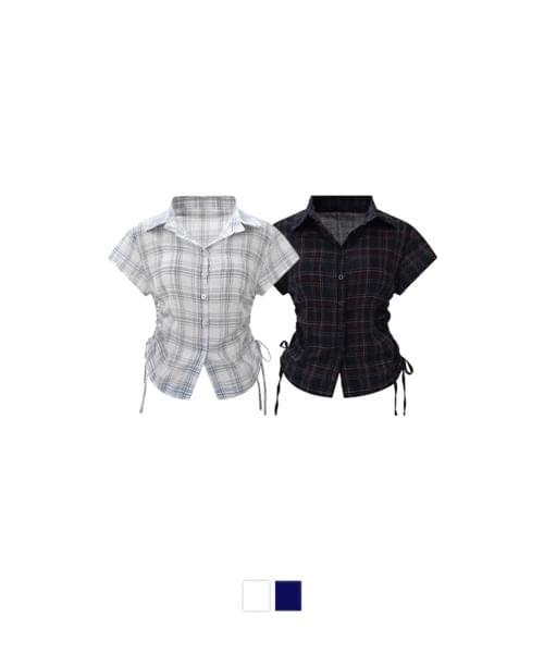 Chas Check Shirring Short Sleeve Shirt Blouse