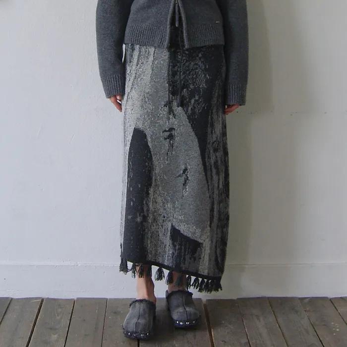 ASYMMETRY FRINGE CASHMERE SKIRT - DARK GREY