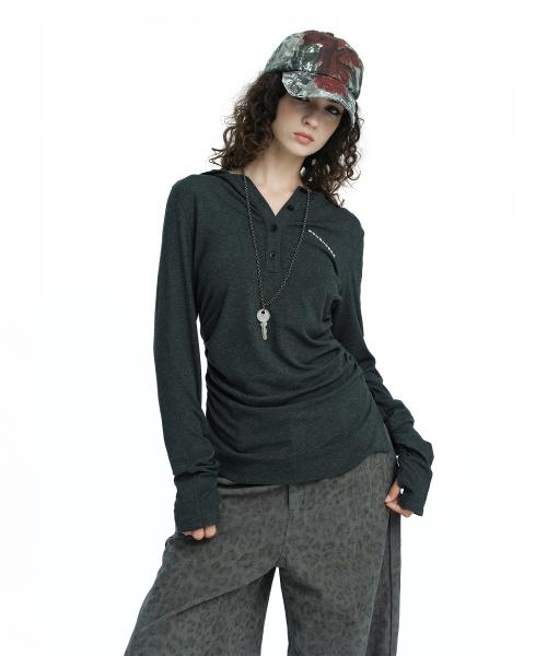 헨리 후드 롱 슬리브 탑 그레이