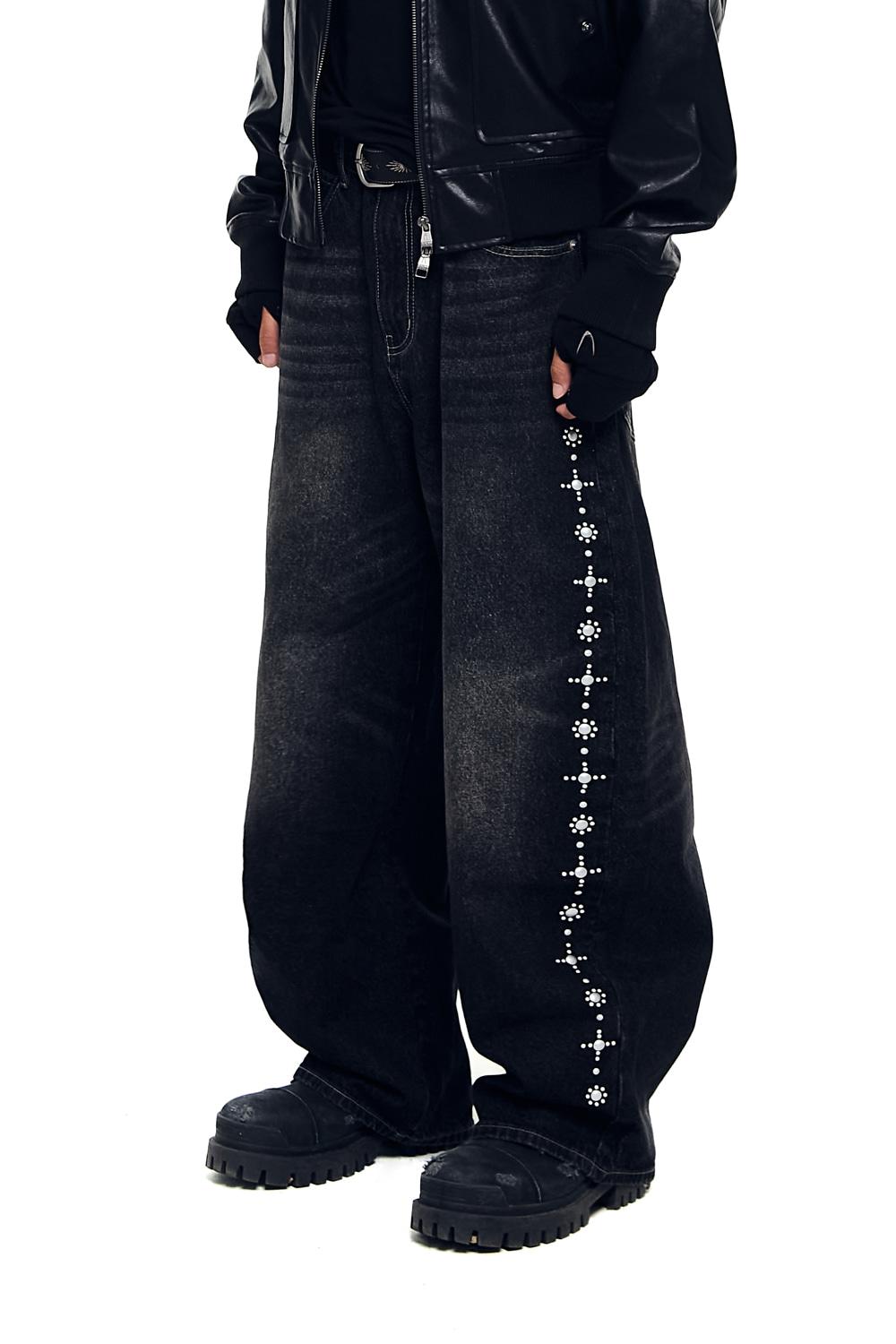 Side Rhinestone Denim Pants (Black)