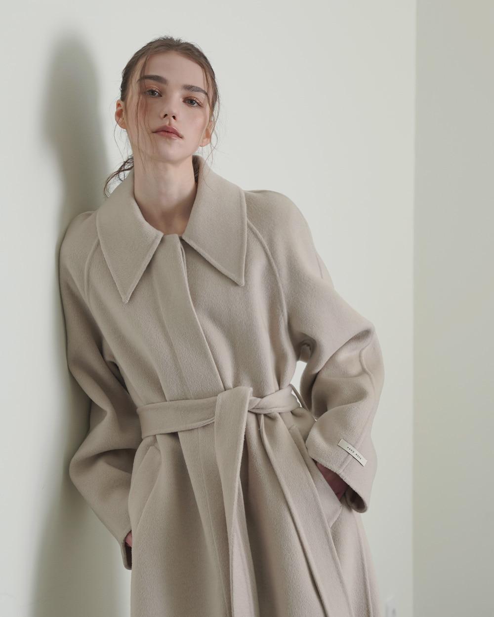 캐시미어 싱글카라 롱 코트 - 베이지