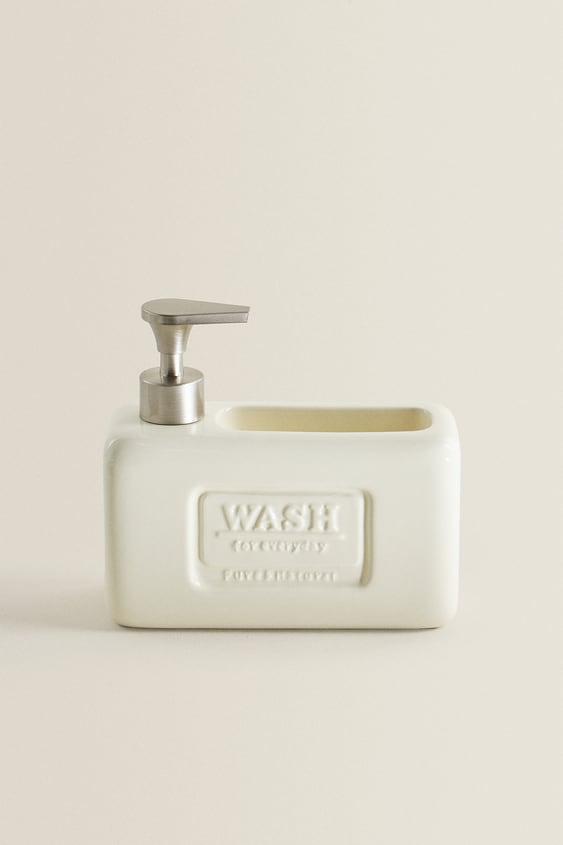 수세미 또는 행주를 위한 공간이 있는 스톤웨어와 스테인리스 스틸 소재의 세제 디스펜서. 모든 것을 깔끔하게 정리할 수 있는 현대적인 디자인.원하는 세제로 리필할 수 있습니다.용량: 750ml