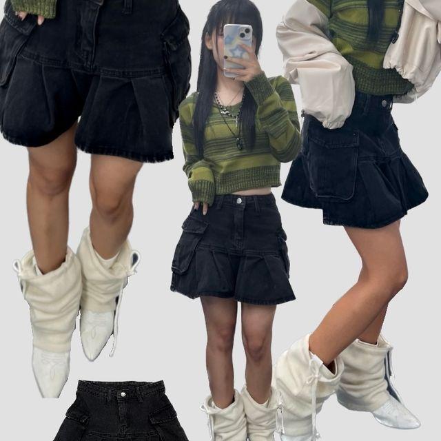 [키치힙] CARGO Y2K SKIRT - 카고 흑청 와투케 미니 스커트 뉴진스 당일출고 당일발송 빠른배송