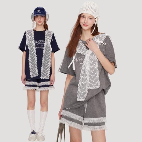 레이스 숄 케이프 스포티 티셔츠  숏팬츠 셋업