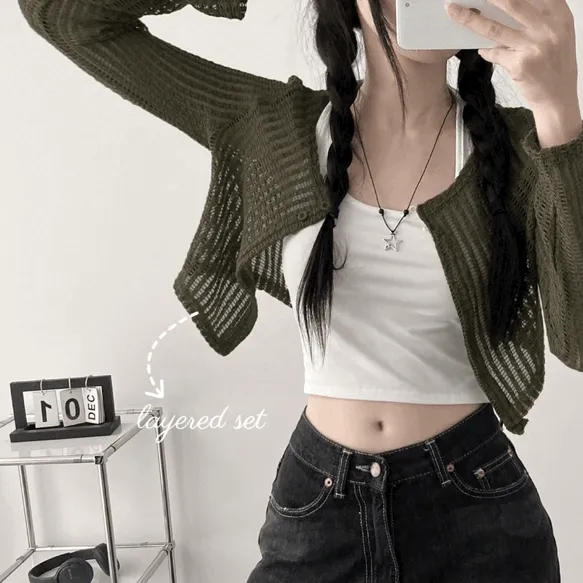 [Set가격/레이어드] Halter Sleeveless + Mesh Cardigan Set [ 홀터넥 나시 + 메쉬 그물 크롭 긴팔 가디건 세트 ]