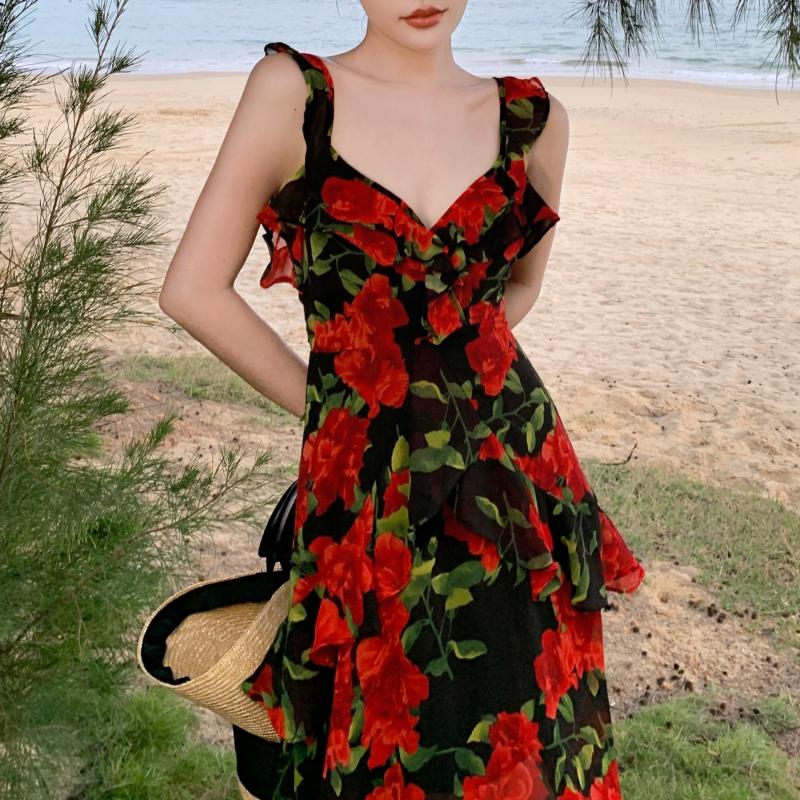 백 리스 프릴 끈 빅 레드 로즈 장미 패턴 쉬폰 롱 원피스 / 해외 신혼 여행 신행 바캉스 호캉스 섹시한 분위기 여신 화보 촬영 룩 코디