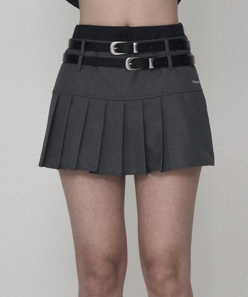 레이어 셋업 투벨트 사이드 플리츠 스커트 (그레이)