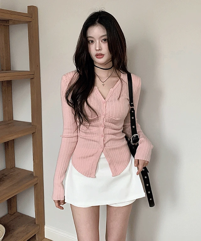 [핏보장💗] 볼류머 브이넥 셔링 트임 골지 니트 가디건 봄 가을 / 긴팔니트 셔링니트 출근룩 글램섹시 개강룩 클래식블랑