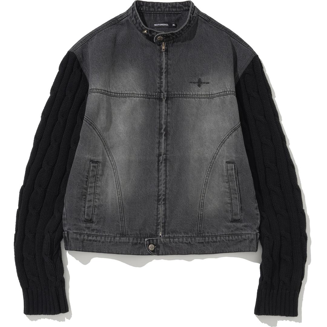Knit Sleeve Denim Jacket - Black