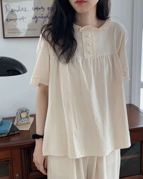 낫띵 면 반팔 긴바지 파자마 set - 루즈핏