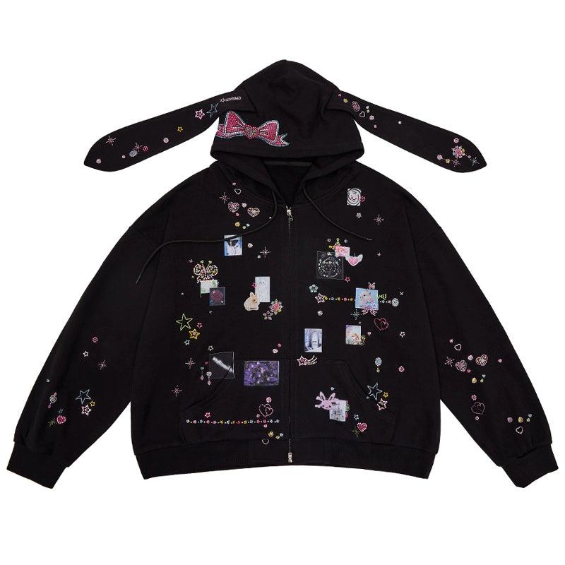 Embroidered Rabbit Ear Hoodie With Rhinestone Details