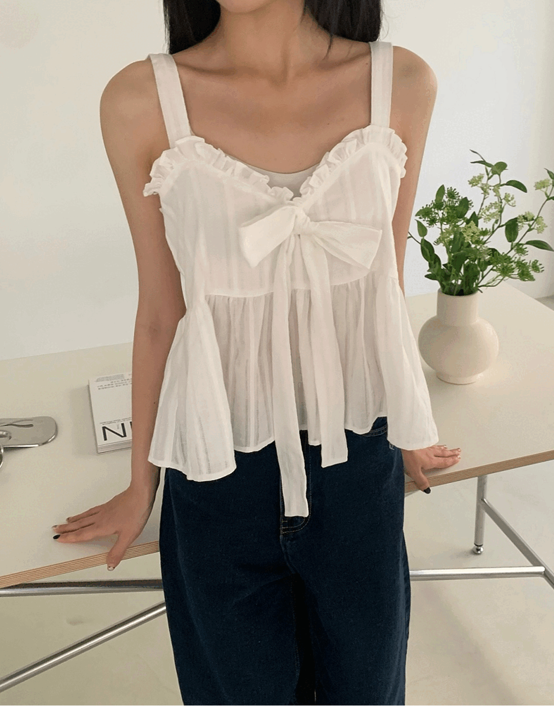 리본 타이 슬리브리스 블라우스 - 2 color