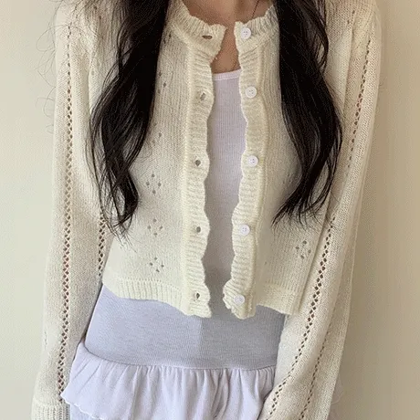 러버 펀칭 프릴 크롭 니트 가디건