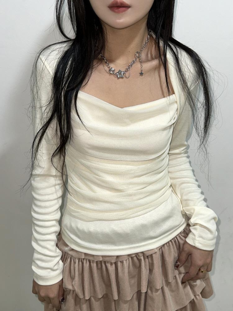 시스루 망사 믹스 드레이프 셔링 스퀘어 발레 볼레로 티셔츠(4color)