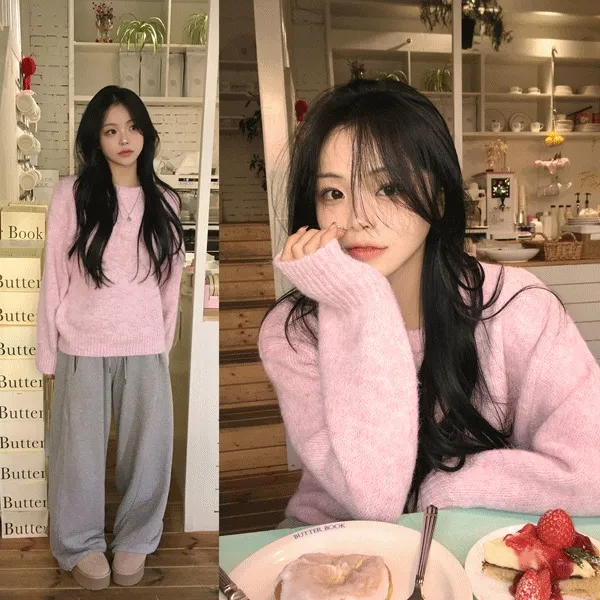 [몽글몽글~/파스텔컬러감🤍] 손등덮는 루즈핏, 도톰 포슬 앙고라 라운드 헤어리 울 긴팔니트 (6color)