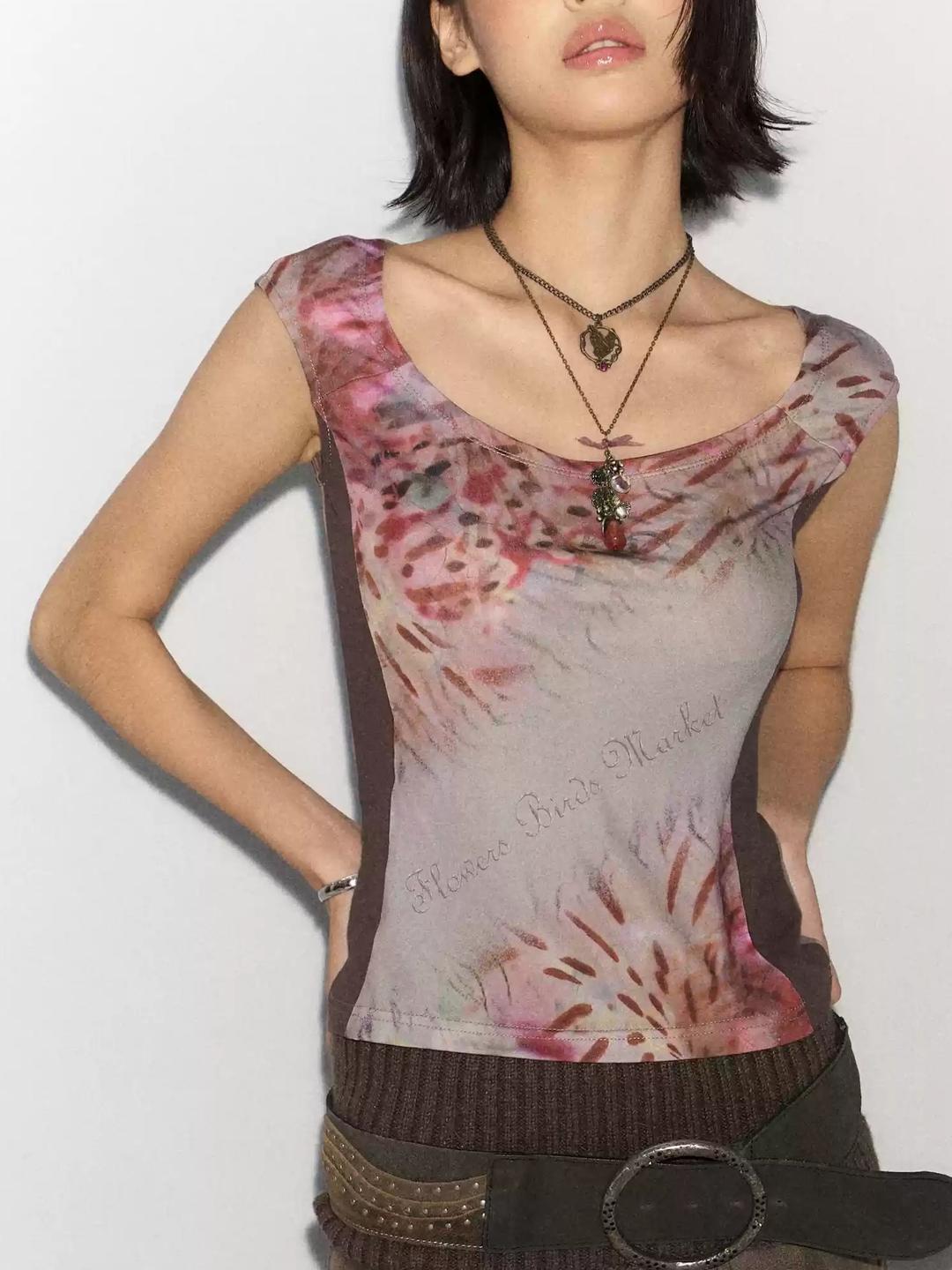 Flowers birds Market Floral print silk top