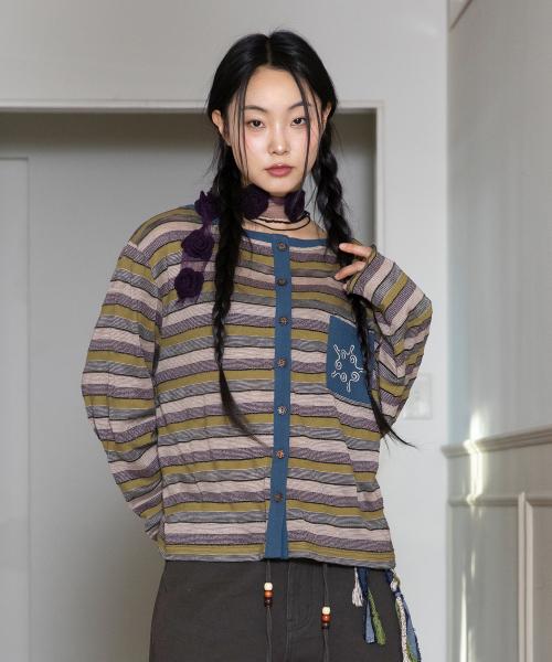 WXJ038 유야케 스트라이프 배색 가디건 (KHAKI)