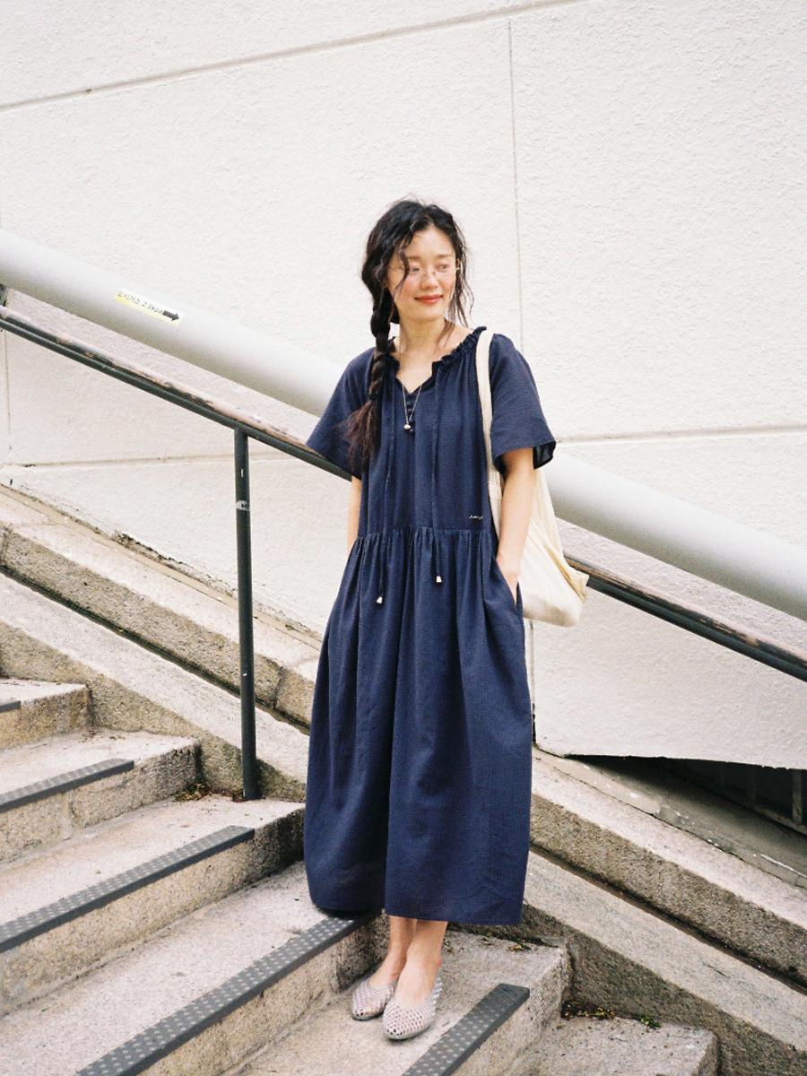 rhapsody check dress - deep blue