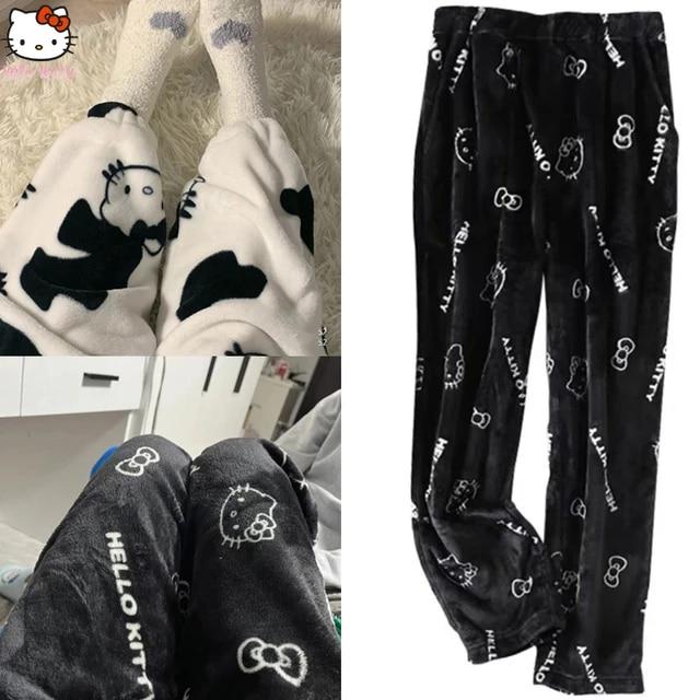 헬로 키티 잠옷 바지 Y2K 만화 산리오 블랙 귀여운 여성 부드러운 플러시 두꺼운 바지, 카와이 여성 캐주얼 바지