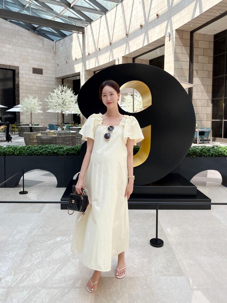 오늘출발 여름 어깨 퍼프 셔링 임부복 만삭 주수 임산복 임산부 옷 반팔 롱 원피스