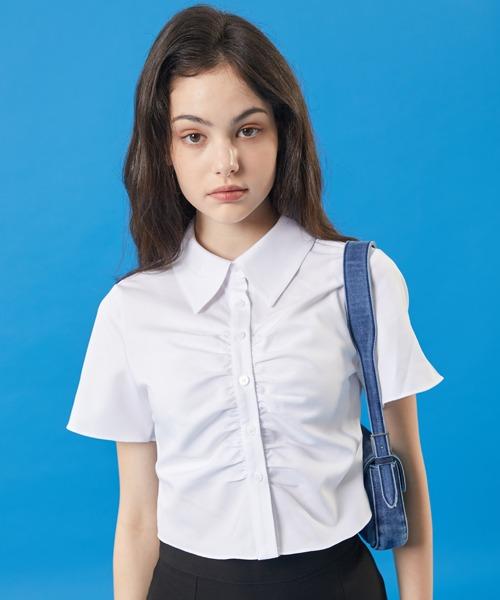 WOMEN 셔링 크롭 반팔 셔츠 [WHITE] 크롭티 반팔티 ver.