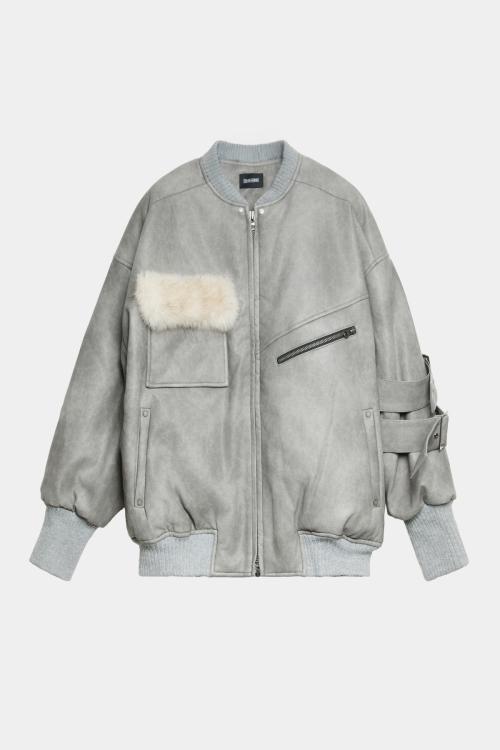 Leather Classic Side Belt Bomber Jacket (Gray)